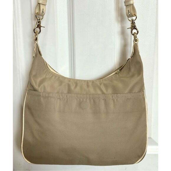 BRAHMIN - EUC Nylon & Croc-Embossed Leather Crossbody Bag in Tan & Cream - Picture 5 of 16